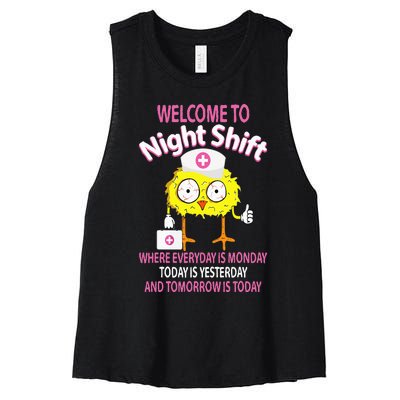 BSN LPN CNA Funny Nursing Chick Welcome To Night Shift Nurse Women's Racerback Cropped Tank