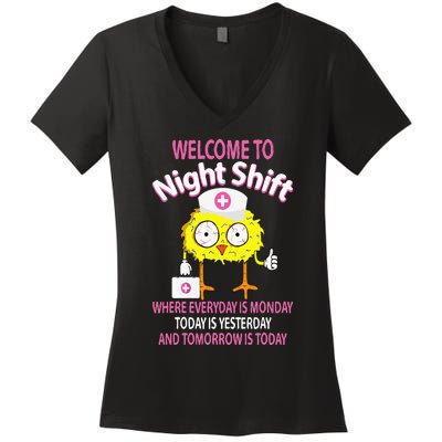 BSN LPN CNA Funny Nursing Chick Welcome To Night Shift Nurse Women's V-Neck T-Shirt