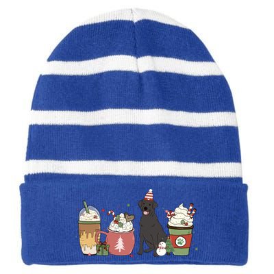 Black Lab Coffee Latte Winter Christmas Dog Mom Holiday Great Gift Striped Beanie with Solid Band