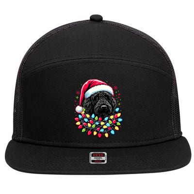 Black Labradoodle Christmas Tree Xmas Lights Doodle Dog 7 Panel Mesh Trucker Snapback Hat