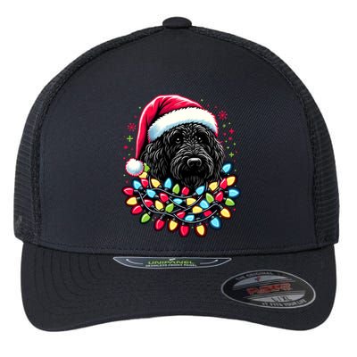 Black Labradoodle Christmas Tree Xmas Lights Doodle Dog Flexfit Unipanel Trucker Cap