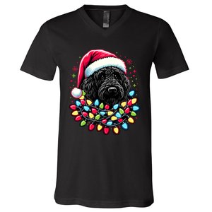 Black Labradoodle Christmas Tree Xmas Lights Doodle Dog V-Neck T-Shirt