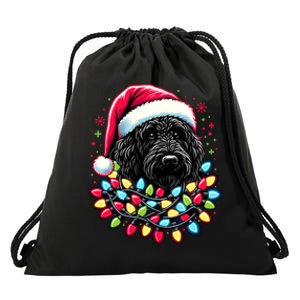 Black Labradoodle Christmas Tree Xmas Lights Doodle Dog Drawstring Bag