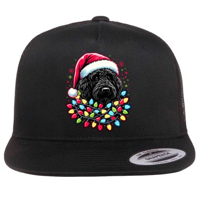 Black Labradoodle Christmas Tree Xmas Lights Doodle Dog Flat Bill Trucker Hat