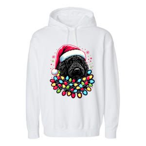 Black Labradoodle Christmas Tree Xmas Lights Doodle Dog Garment-Dyed Fleece Hoodie