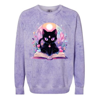 Book Lover Crystal Witchy Cute Black Cat Kawaii Pastel Goth Colorblast Crewneck Sweatshirt