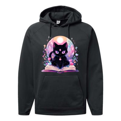 Book Lover Crystal Witchy Cute Black Cat Kawaii Pastel Goth Performance Fleece Hoodie