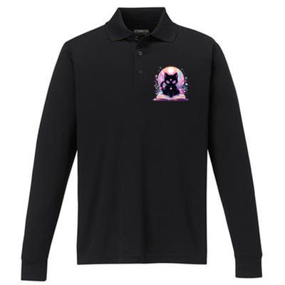 Book Lover Crystal Witchy Cute Black Cat Kawaii Pastel Goth Performance Long Sleeve Polo