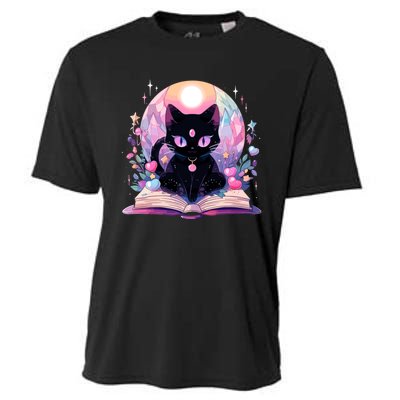 Book Lover Crystal Witchy Cute Black Cat Kawaii Pastel Goth Cooling Performance Crew T-Shirt