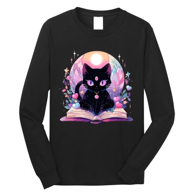 Book Lover Crystal Witchy Cute Black Cat Kawaii Pastel Goth Long Sleeve Shirt