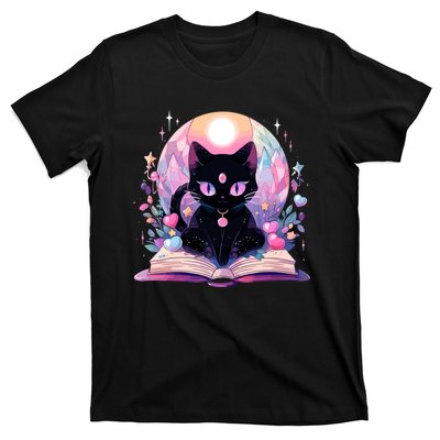 Book Lover Crystal Witchy Cute Black Cat Kawaii Pastel Goth T-Shirt