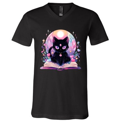 Book Lover Crystal Witchy Cute Black Cat Kawaii Pastel Goth V-Neck T-Shirt