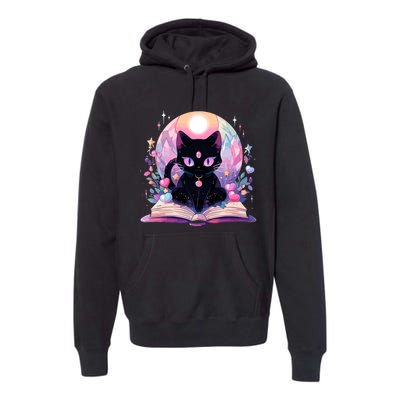 Book Lover Crystal Witchy Cute Black Cat Kawaii Pastel Goth Premium Hoodie