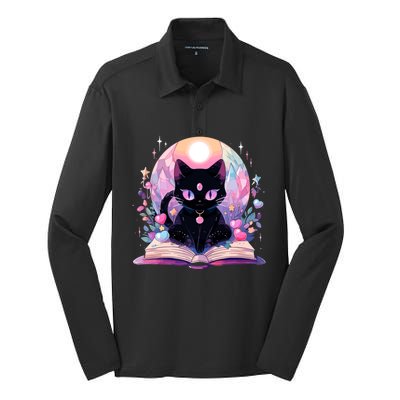 Book Lover Crystal Witchy Cute Black Cat Kawaii Pastel Goth Silk Touch Performance Long Sleeve Polo