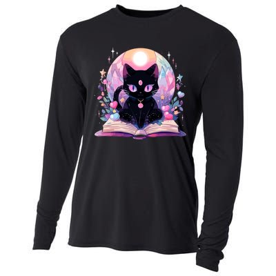 Book Lover Crystal Witchy Cute Black Cat Kawaii Pastel Goth Cooling Performance Long Sleeve Crew