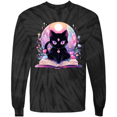 Book Lover Crystal Witchy Cute Black Cat Kawaii Pastel Goth Tie-Dye Long Sleeve Shirt