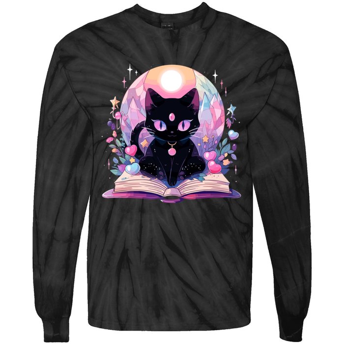 Book Lover Crystal Witchy Cute Black Cat Kawaii Pastel Goth Tie-Dye Long Sleeve Shirt