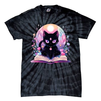 Book Lover Crystal Witchy Cute Black Cat Kawaii Pastel Goth Tie-Dye T-Shirt