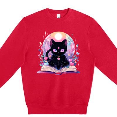 Book Lover Crystal Witchy Cute Black Cat Kawaii Pastel Goth Premium Crewneck Sweatshirt