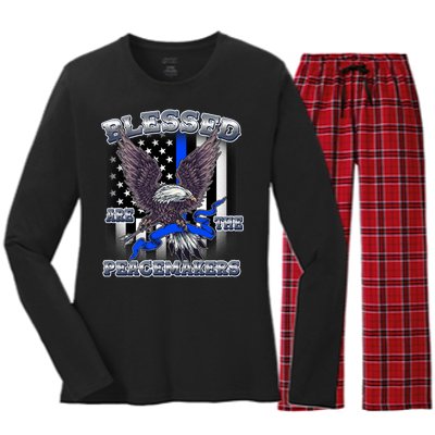 Blessed Are The Peacemakers Thin Blue Line Eagle Women's Long Sleeve Flannel Pajama Set 