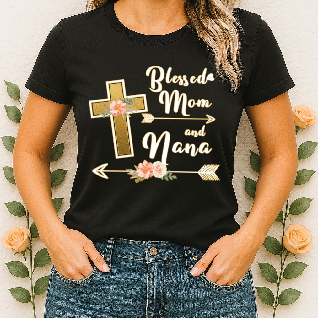 Blessed Mom And Nana Cross Floral  Womens T-Shirt