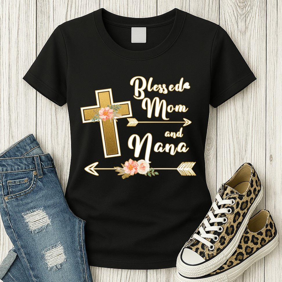 Blessed Mom And Nana Cross Floral  Womens T-Shirt