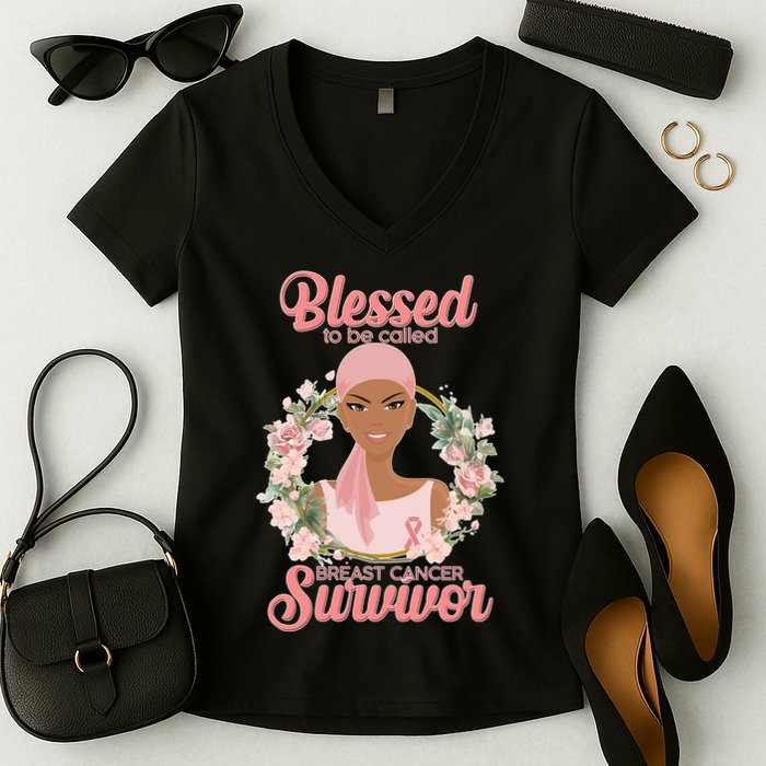 Blessed To Be Call Breast Cancer Survivor Pink Warrior Women's V-Neck T-Shirt