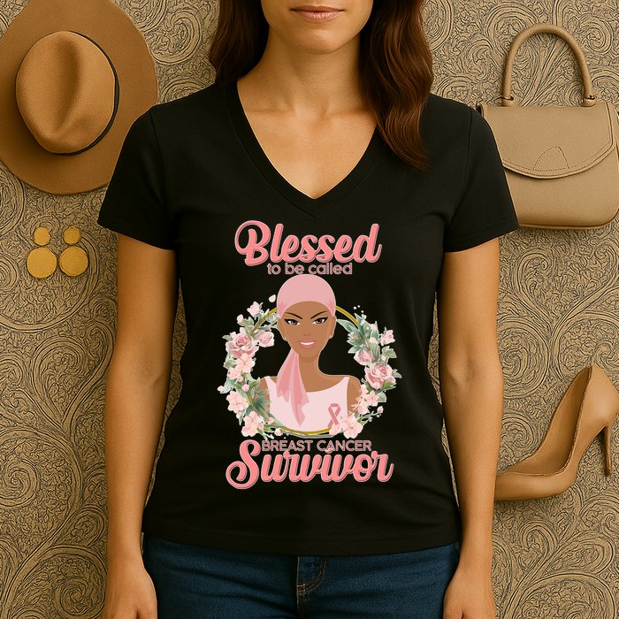 Blessed To Be Call Breast Cancer Survivor Pink Warrior Women's V-Neck T-Shirt