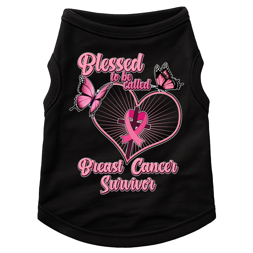 Blessed To Be Called Breast Cancer Survivor Butterflies Ribbon Cross Doggie Tank