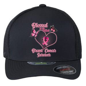 Blessed To Be Called Breast Cancer Survivor Butterflies Ribbon Cross Flexfit Unipanel Trucker Cap