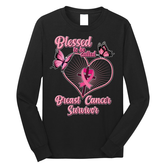 Blessed To Be Called Breast Cancer Survivor Butterflies Ribbon Cross Long Sleeve Shirt