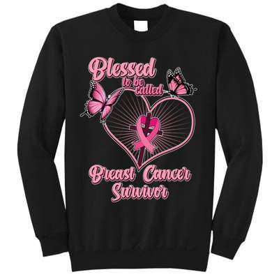 Blessed To Be Called Breast Cancer Survivor Butterflies Ribbon Cross Sweatshirt