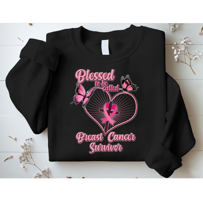 Blessed To Be Called Breast Cancer Survivor Butterflies Ribbon Cross Sweatshirt