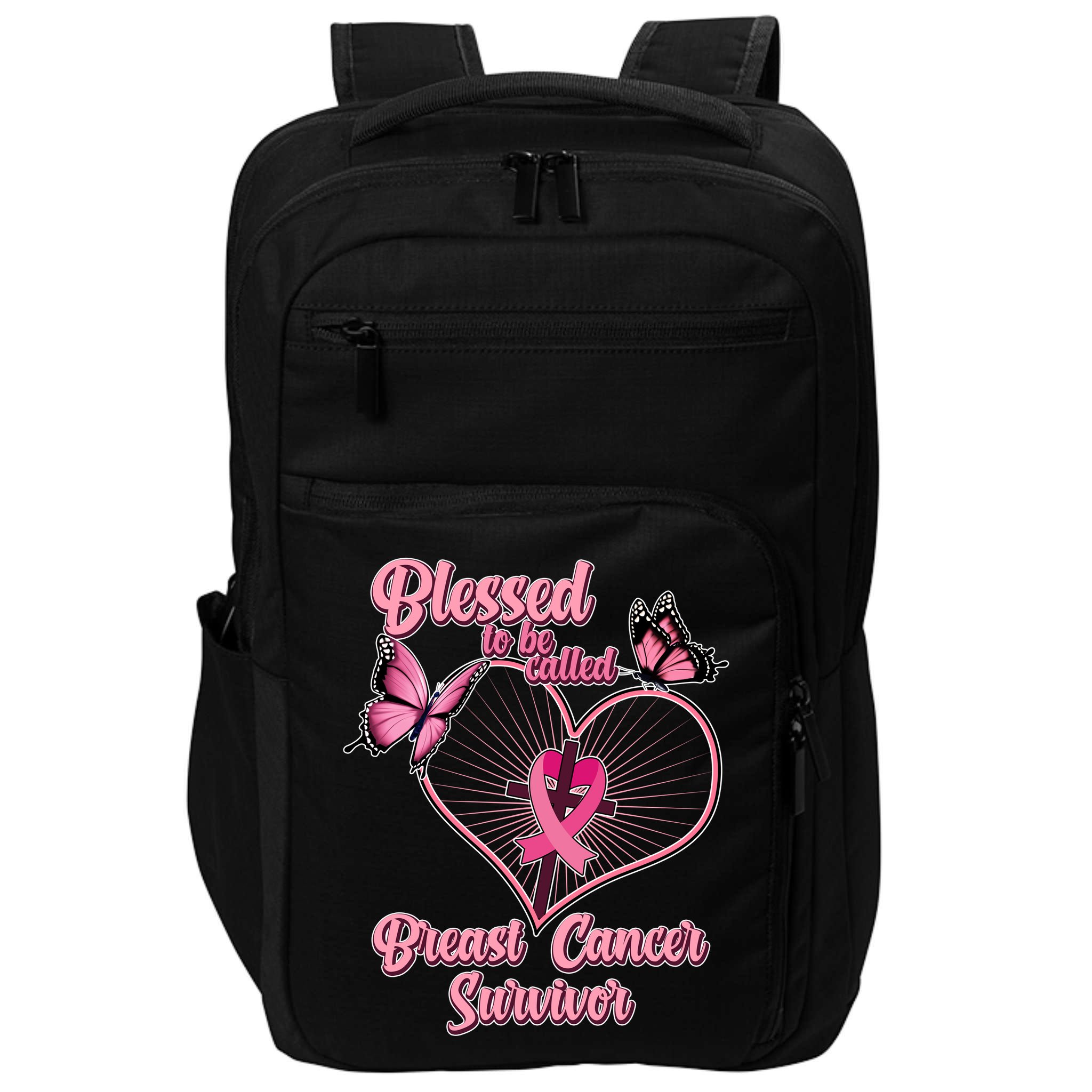 Blessed To Be Called Breast Cancer Survivor Butterflies Ribbon Cross Impact Tech Backpack