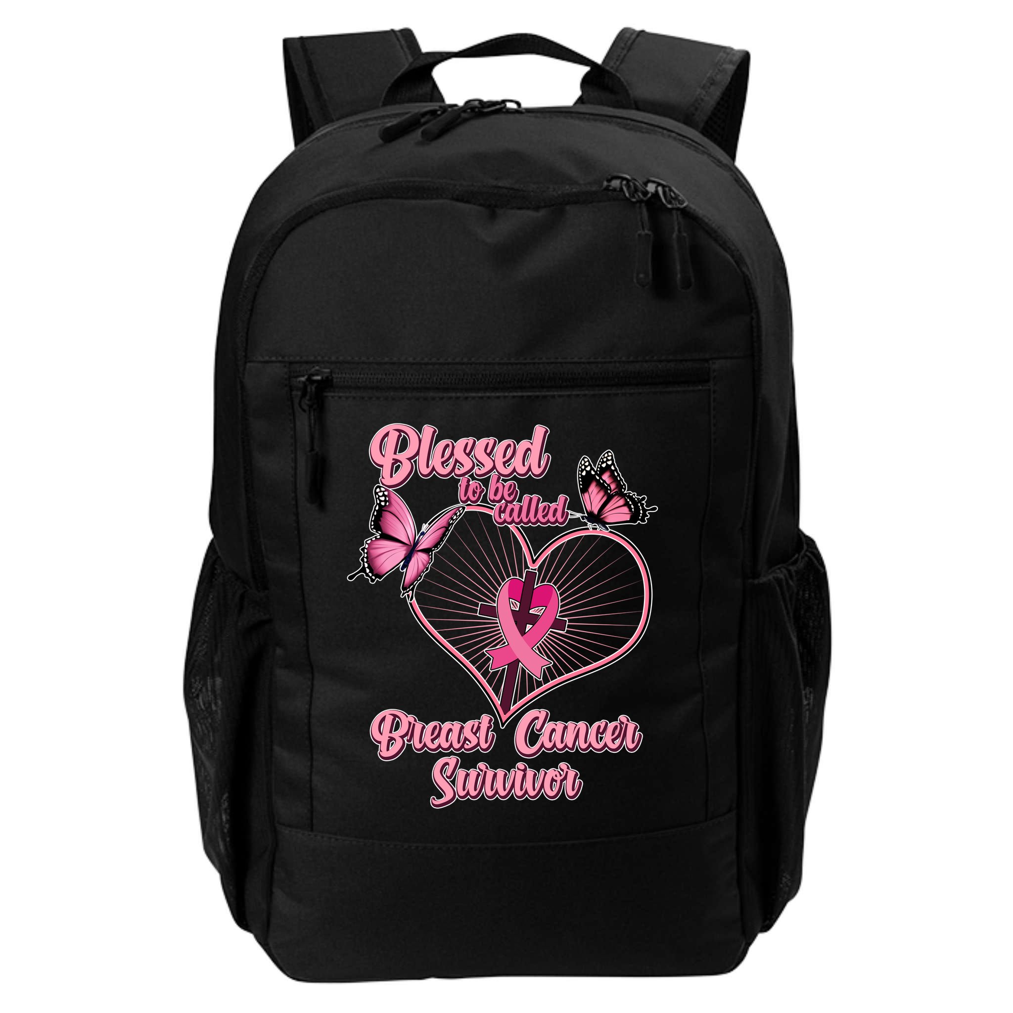 Blessed To Be Called Breast Cancer Survivor Butterflies Ribbon Cross Backpack