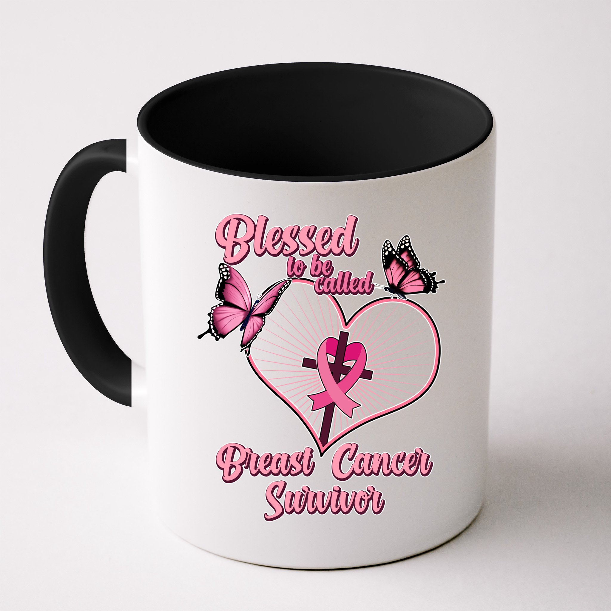 Blessed To Be Called Breast Cancer Survivor Butterflies Ribbon Cross Mug