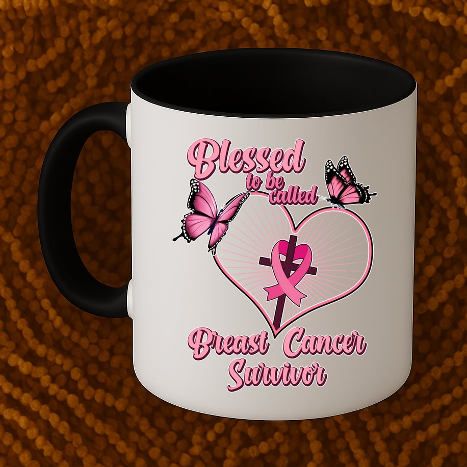 Blessed To Be Called Breast Cancer Survivor Butterflies Ribbon Cross Mug