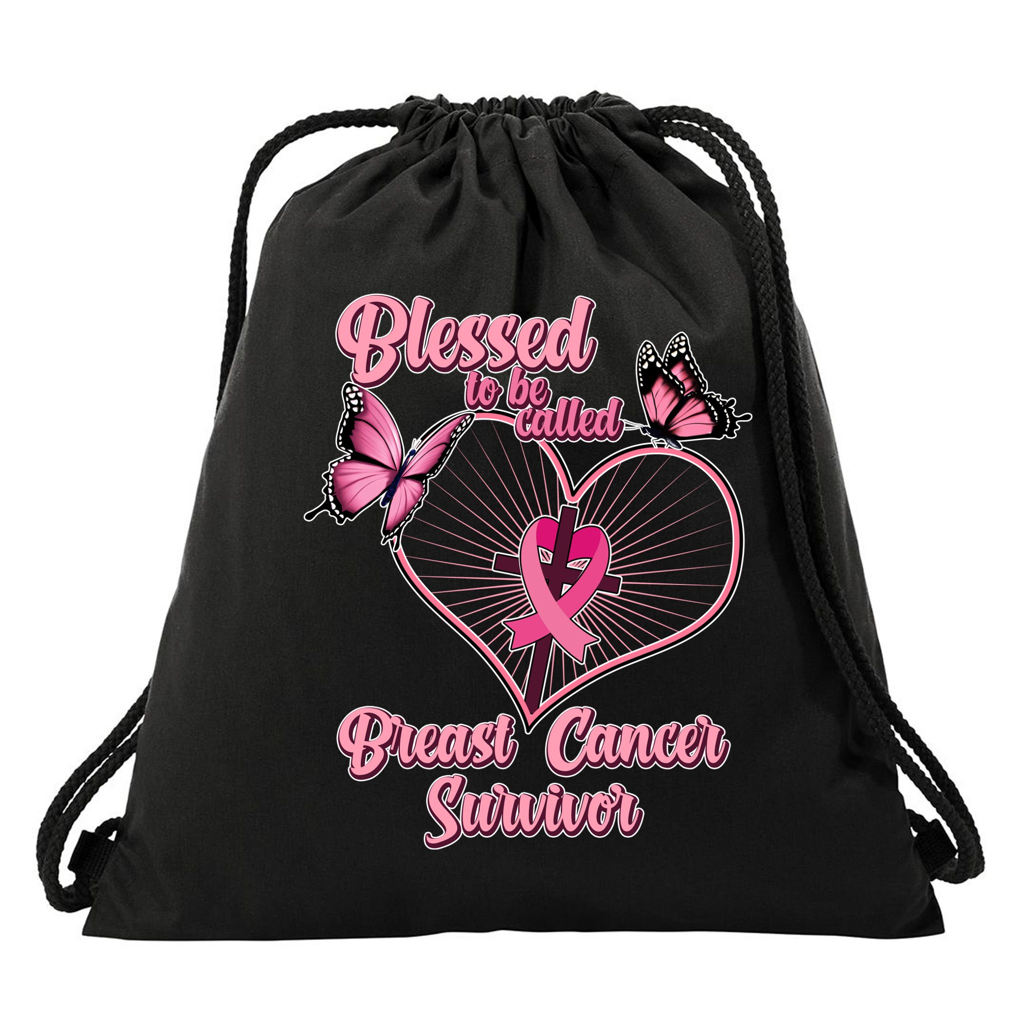 Blessed To Be Called Breast Cancer Survivor Butterflies Ribbon Cross Drawstring Bag