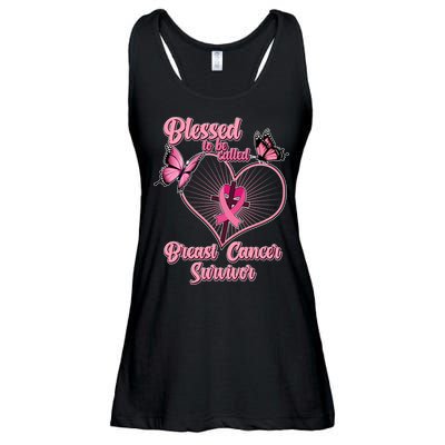 Blessed To Be Called Breast Cancer Survivor Butterflies Ribbon Cross Ladies Essential Flowy Tank