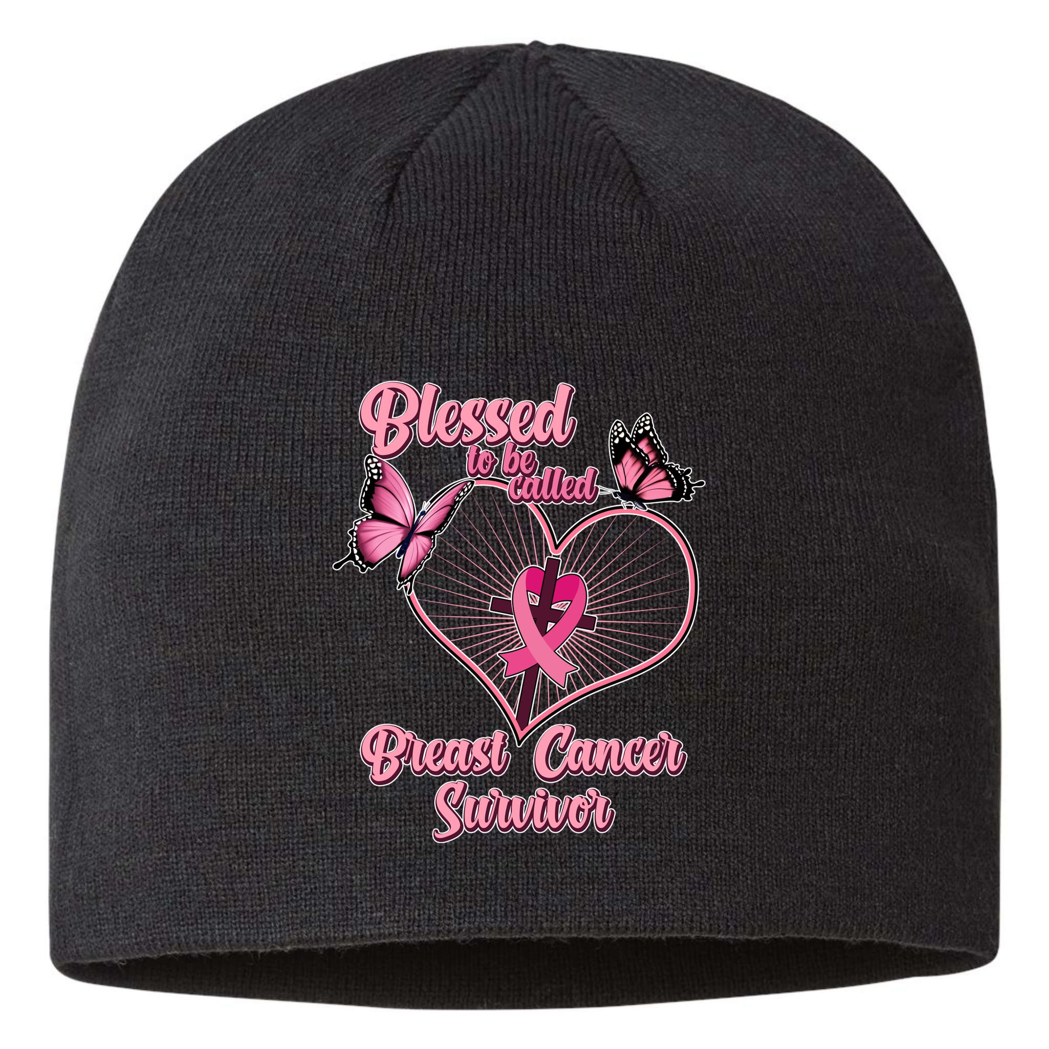 Blessed To Be Called Breast Cancer Survivor Butterflies Ribbon Cross Sustainable Beanie