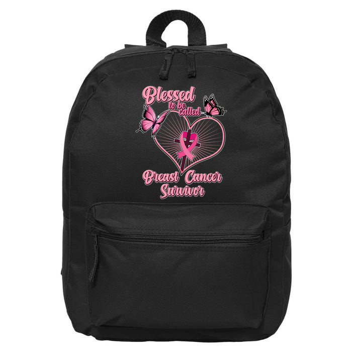 Blessed To Be Called Breast Cancer Survivor Butterflies Ribbon Cross 16 in Basic Backpack
