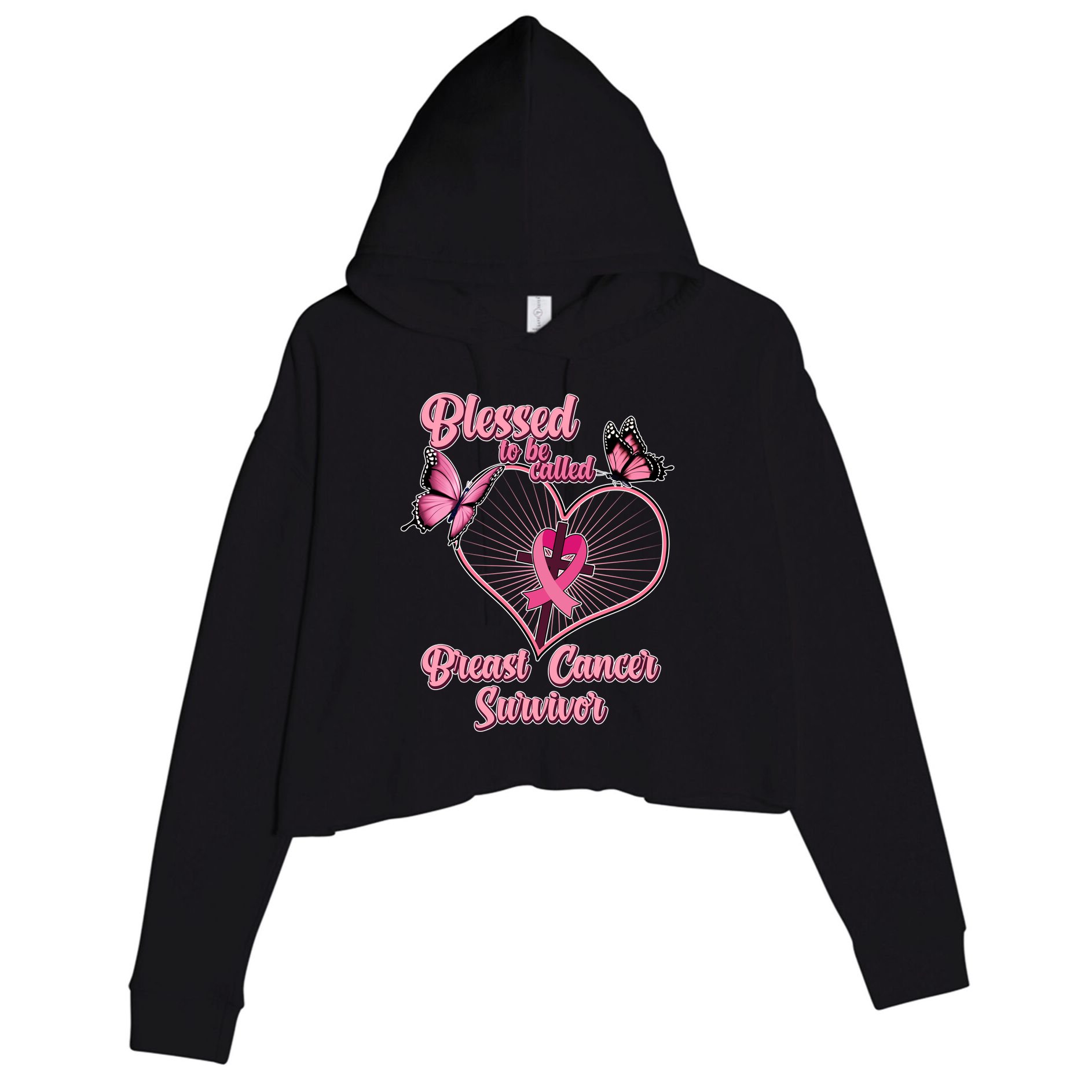 Blessed To Be Called Breast Cancer Survivor Butterflies Ribbon Cross Crop Fleece Hoodie