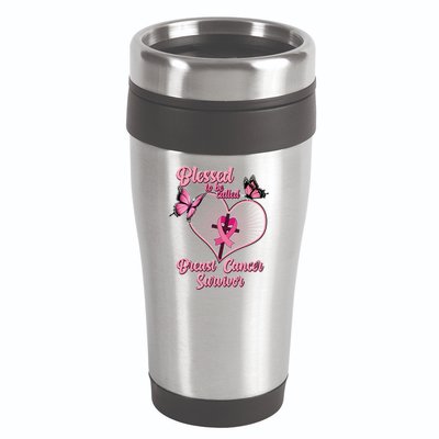 Blessed To Be Called Breast Cancer Survivor Butterflies Ribbon Cross 16oz Travel Tumbler