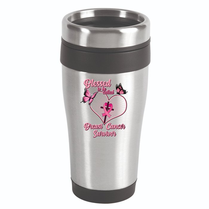 Blessed To Be Called Breast Cancer Survivor Butterflies Ribbon Cross 16oz Travel Tumbler