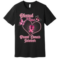 Blessed To Be Called Breast Cancer Survivor Butterflies Ribbon Cross Premium T-Shirt