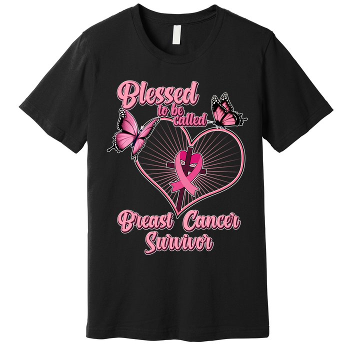 Blessed To Be Called Breast Cancer Survivor Butterflies Ribbon Cross Premium T-Shirt