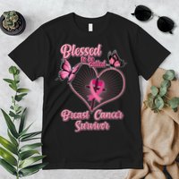 Blessed To Be Called Breast Cancer Survivor Butterflies Ribbon Cross Premium T-Shirt