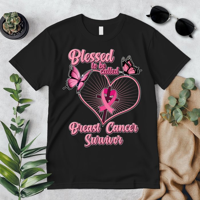 Blessed To Be Called Breast Cancer Survivor Butterflies Ribbon Cross Premium T-Shirt