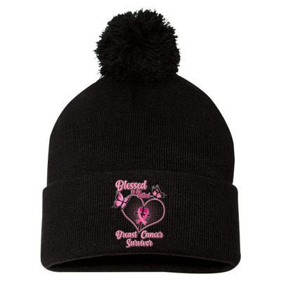 Blessed To Be Called Breast Cancer Survivor Butterflies Ribbon Cross Pom Pom 12in Knit Beanie