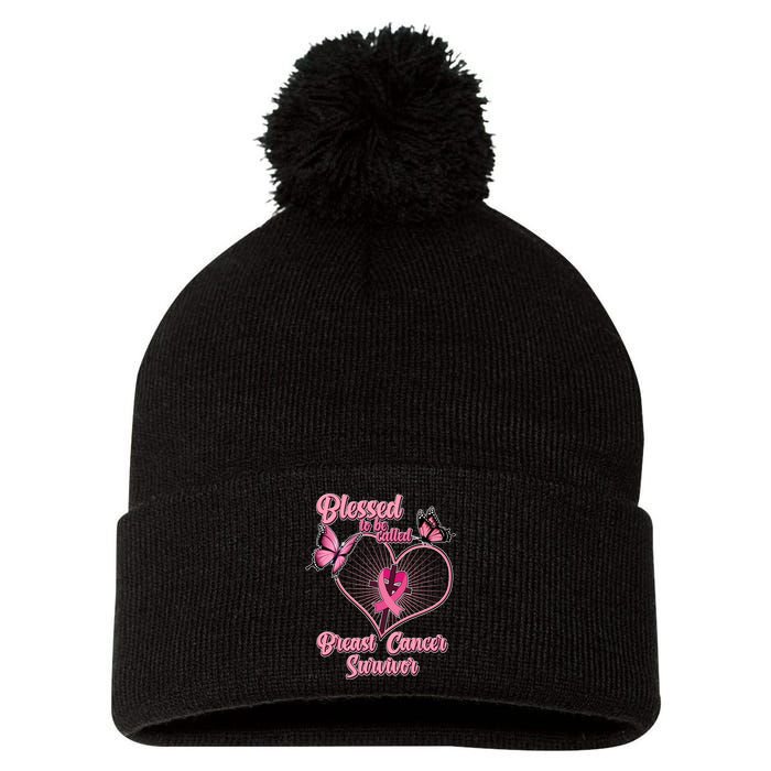 Blessed To Be Called Breast Cancer Survivor Butterflies Ribbon Cross Pom Pom 12in Knit Beanie